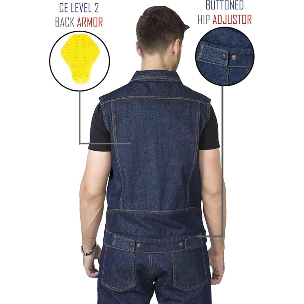 A model wears a true-blue denim motorcycle vest from the back, showing stitching and pockets