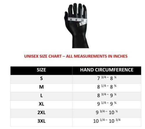 The chart lists hand circumference in inches for sizes S to 3XL