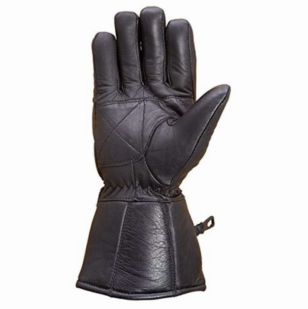 Front view of black leather motorcycle gloves with a long gauntlet cuff and double stitching