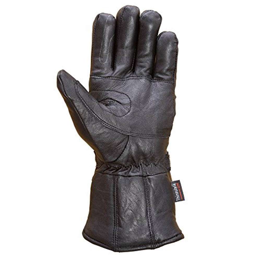 Black sheep leather motorcycle gloves with thermal lining and double stitching shown front view