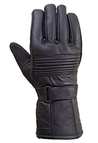 Black leather motorcycle gloves feature a back view with ribbed panels and a wrist strap
