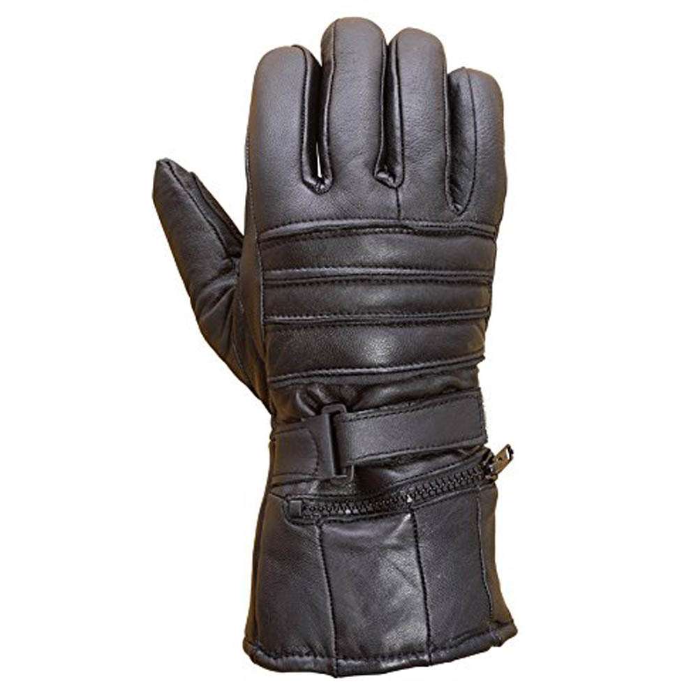 Front view of black sheep leather motorcycle gloves featuring double stitching, straps, and zips