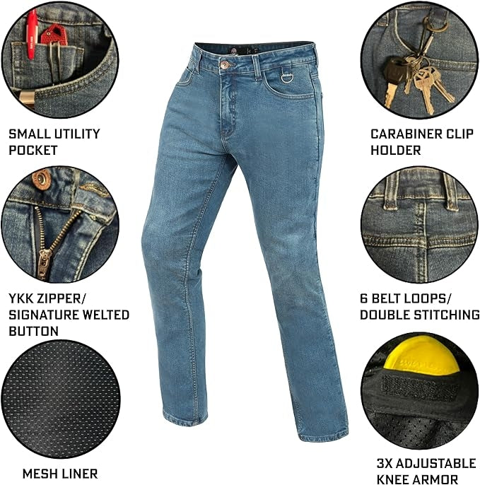 Front view of blue denim motorcycle jeans with pockets, YKK zippers, and CE Level 2 armor