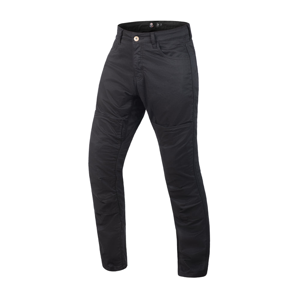 Three-quarter view of black motorcycle riding pants featuring pockets and YKK zippers