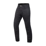 Three-quarter view of black motorcycle riding pants featuring pockets and YKK zippers