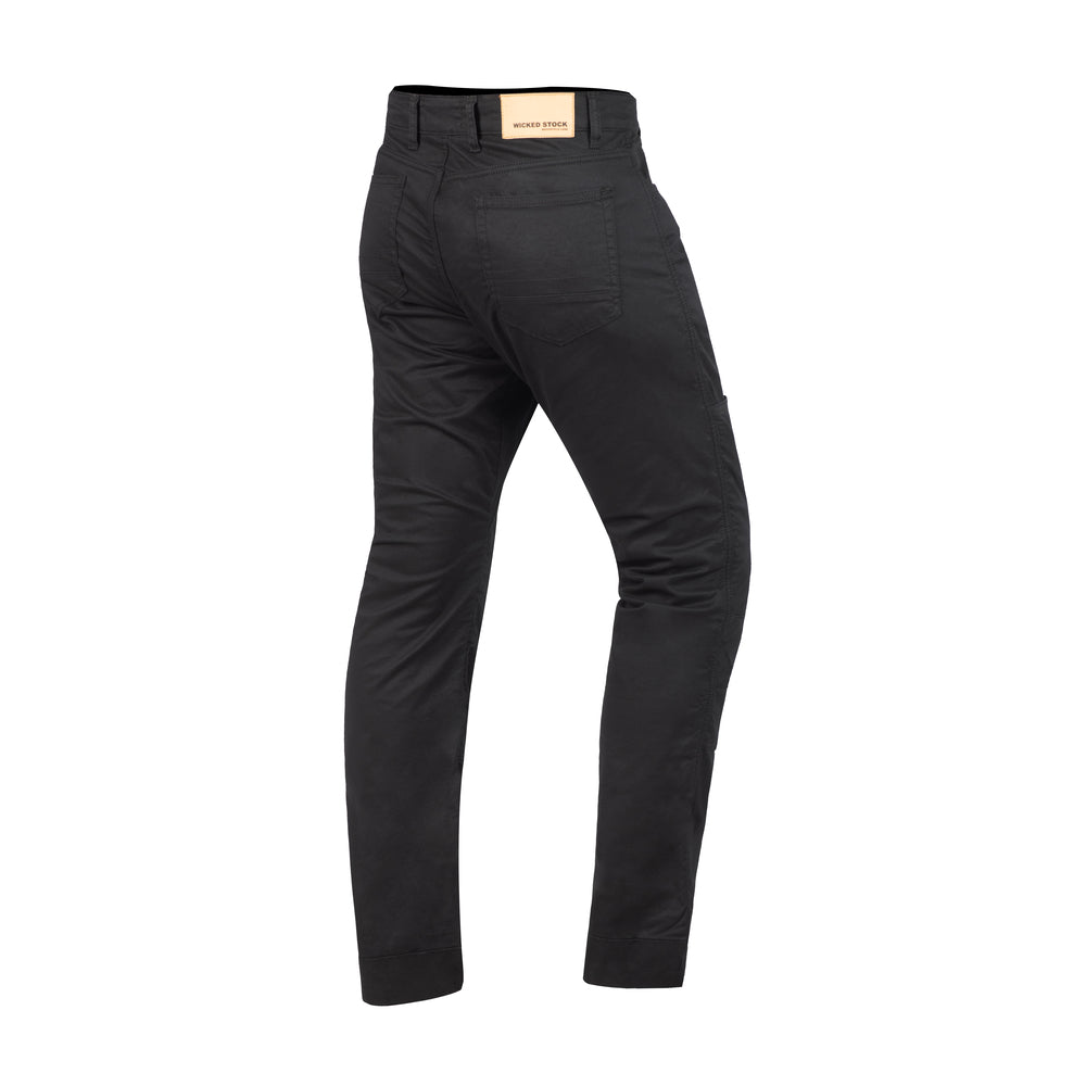 A three-quarter view of black motorcycle riding pants with double stitching and pockets