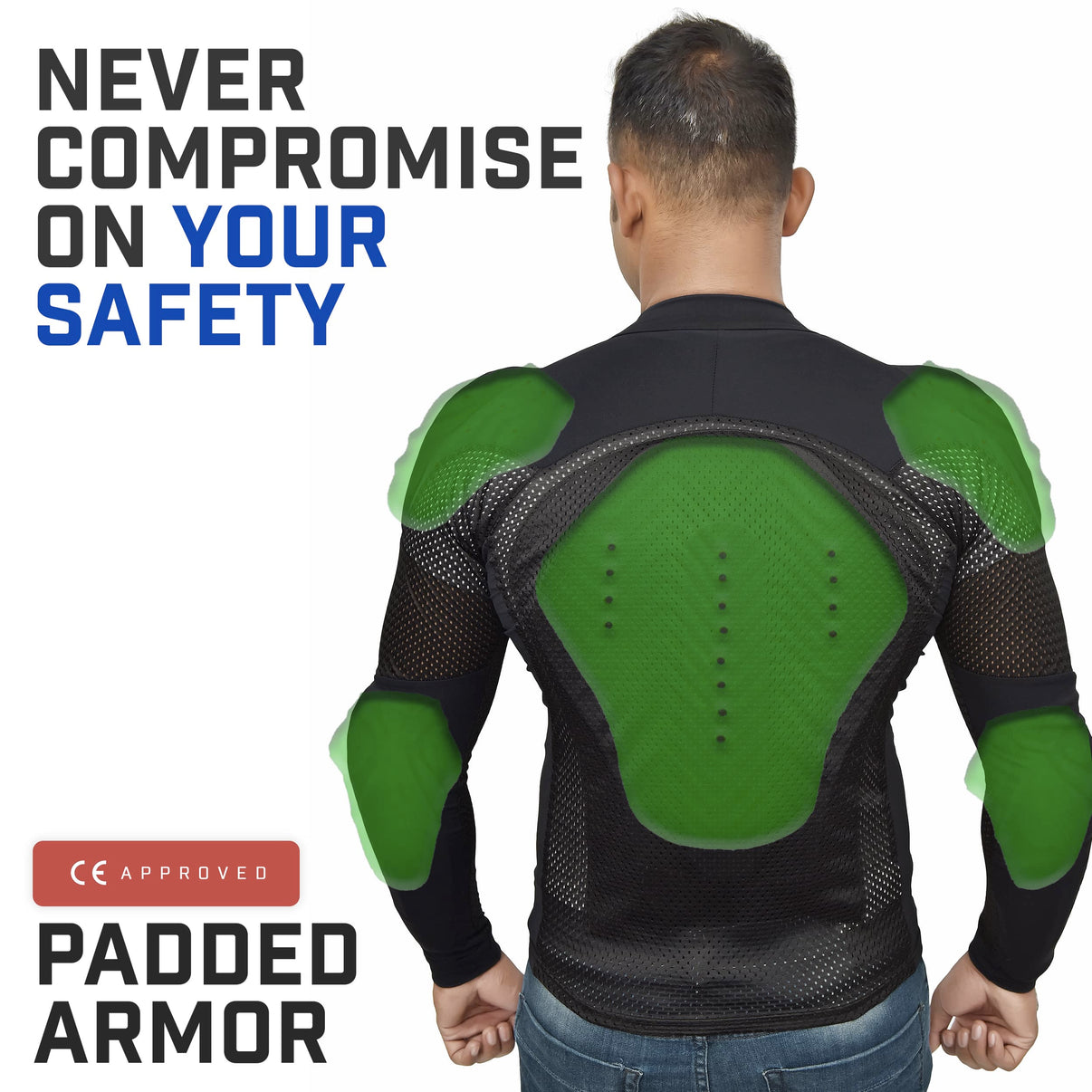 A model wears a black mesh motorcycle riding shirt showing removable CE Level 2 armor and a back protector