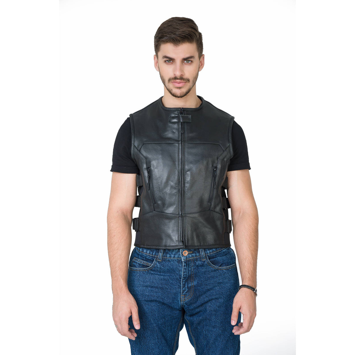 Front view of a model wearing a black full-grain leather motorcycle vest with zipper and pockets