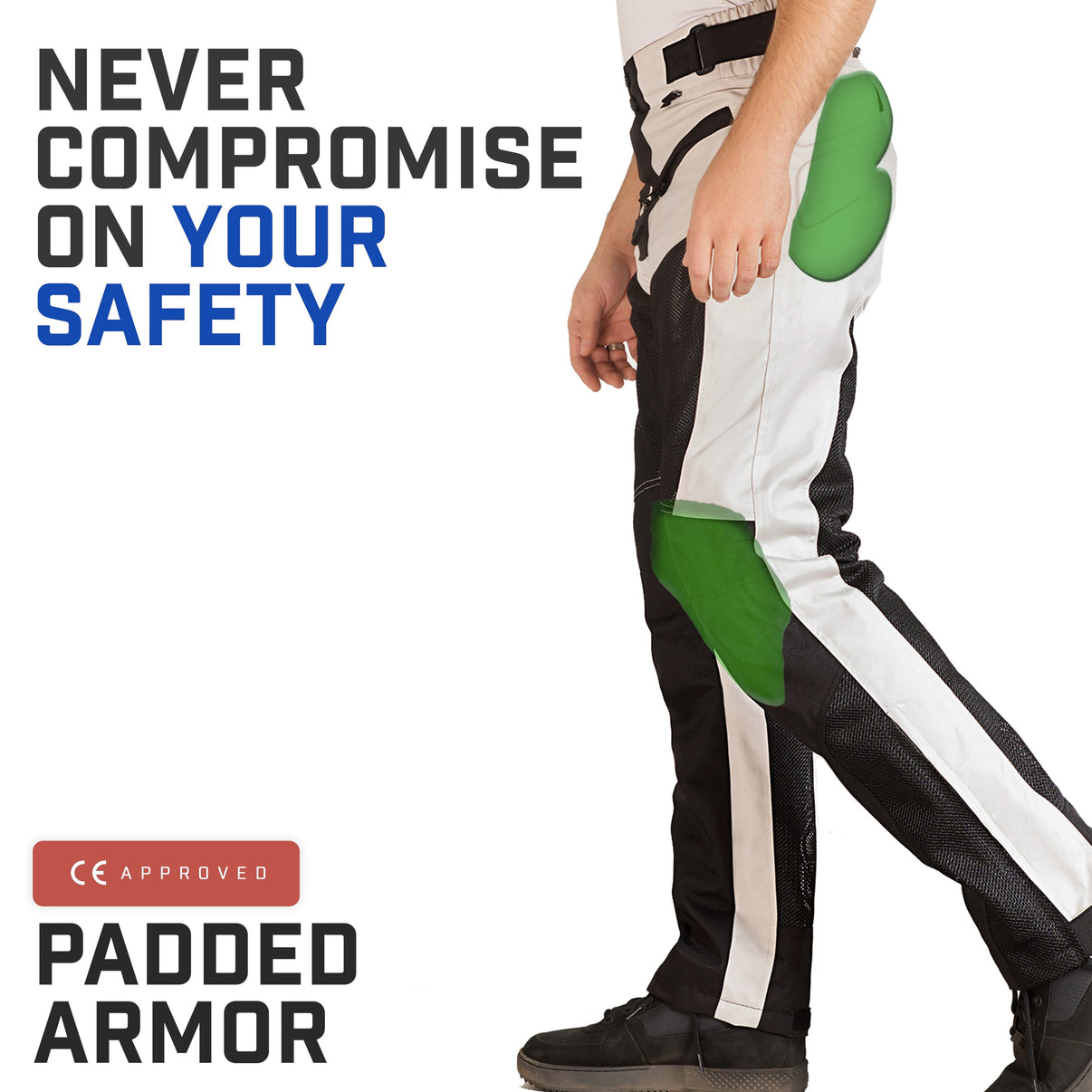 Grey and black mesh motorcycle riding pants worn by a model, showing CE armor at the knee