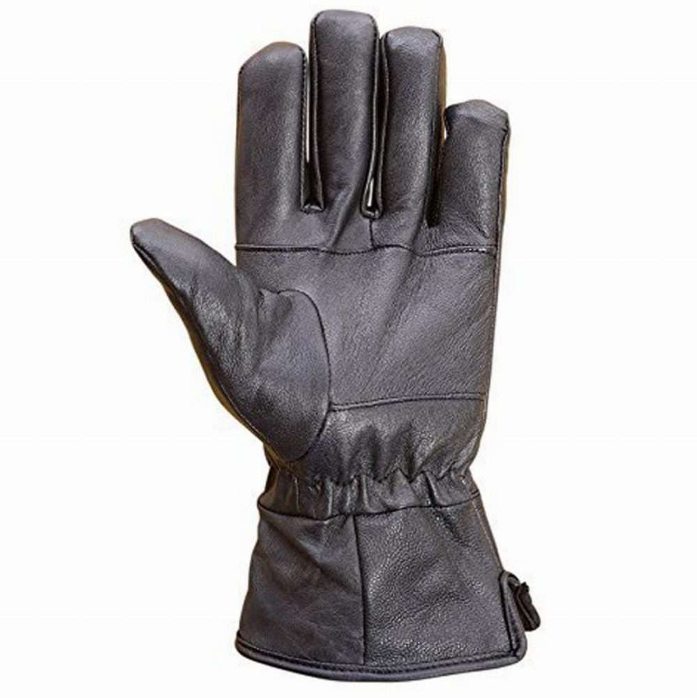 Front view of black lambskin leather dress gloves featuring paneled palms and gathered cuffs