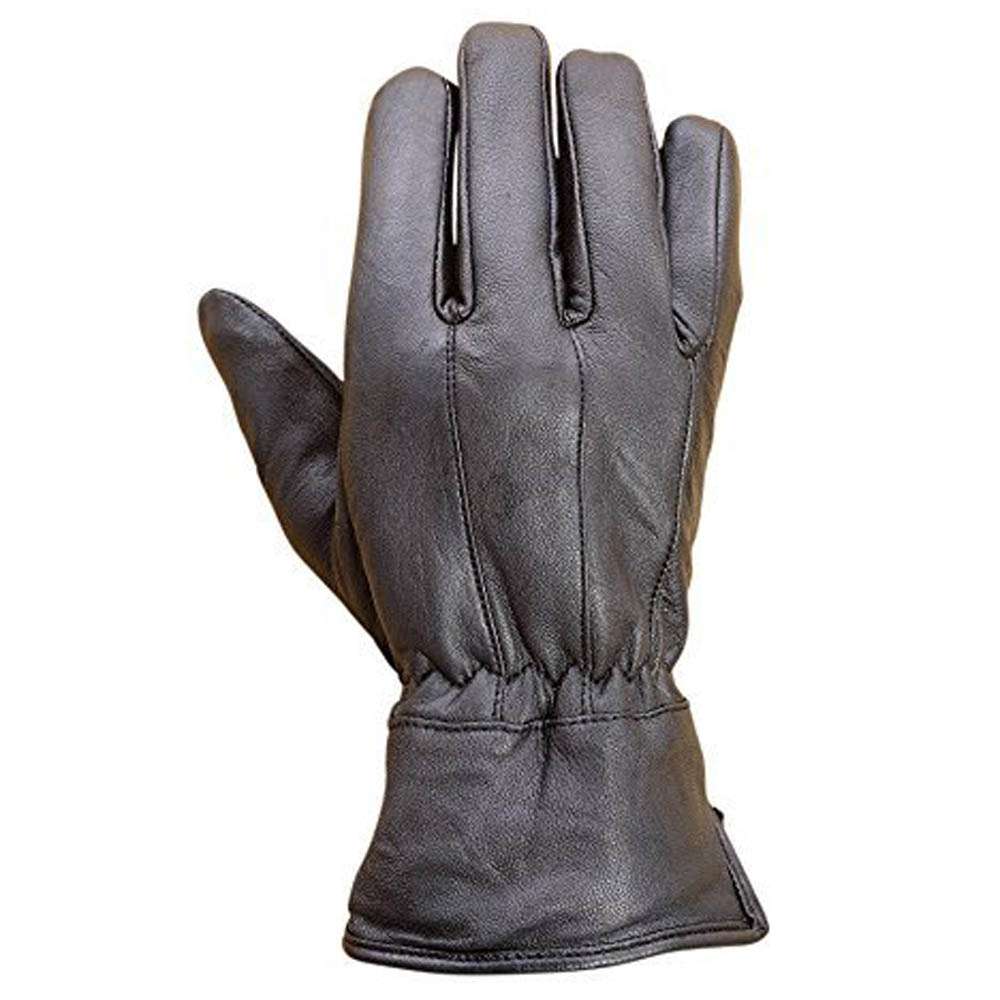 Front view of black lambskin leather dress gloves featuring visible stitching and cuffs