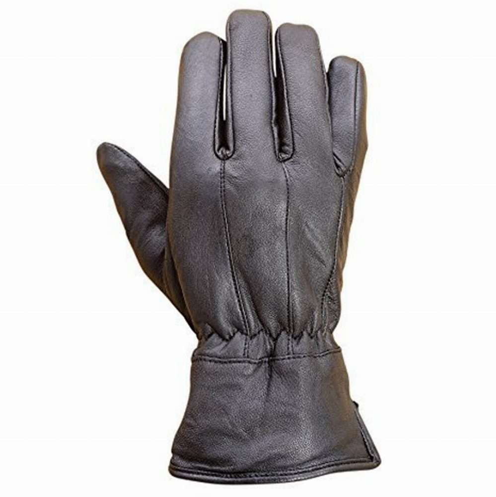 Front view of black lambskin leather dress gloves with stitched panels and a gathered cuff