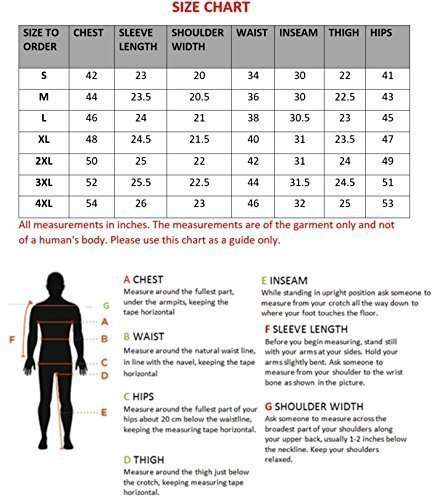 Sizing chart for sizes S to 4XL, listing chest, sleeve, shoulder, waist, inseam, thigh, and hips