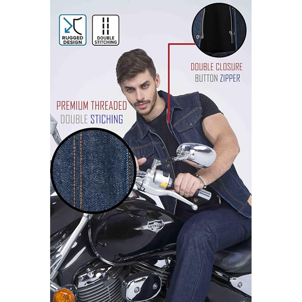 A model wears a true-blue denim motorcycle vest featuring pockets and stitching details