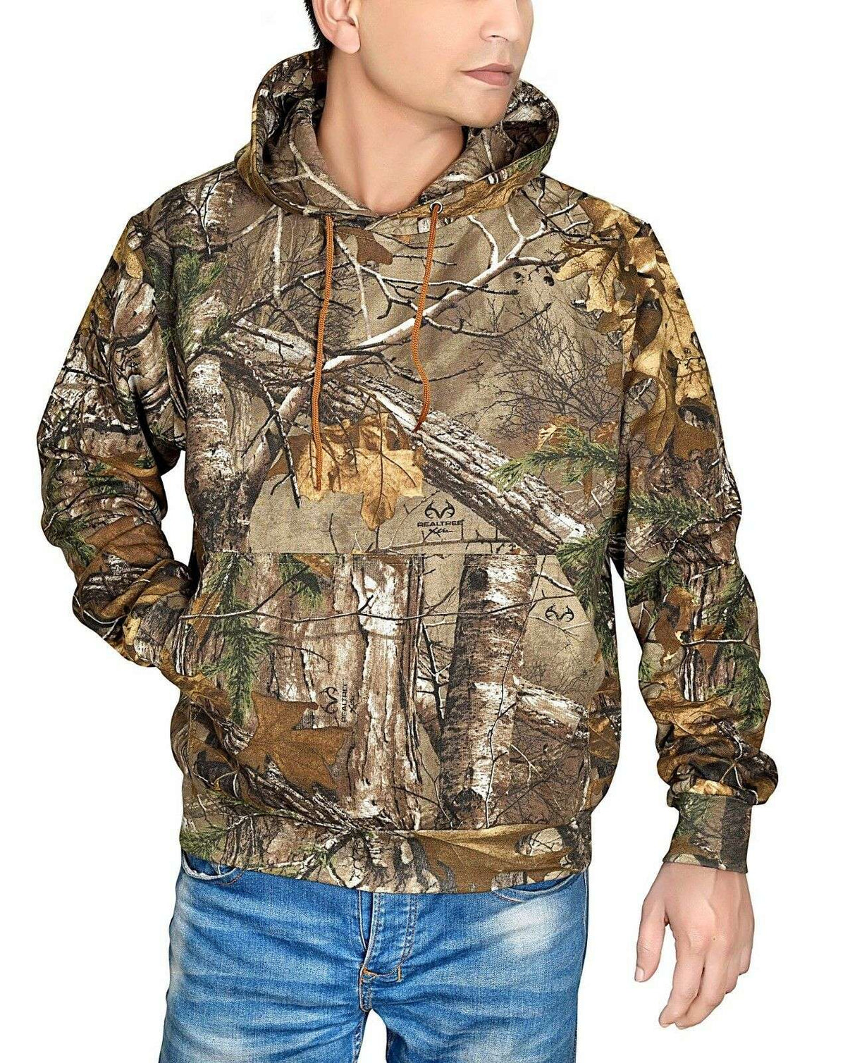 A fleece-lined camo armored motorcycle hoodie worn by a model, featuring a front pocket