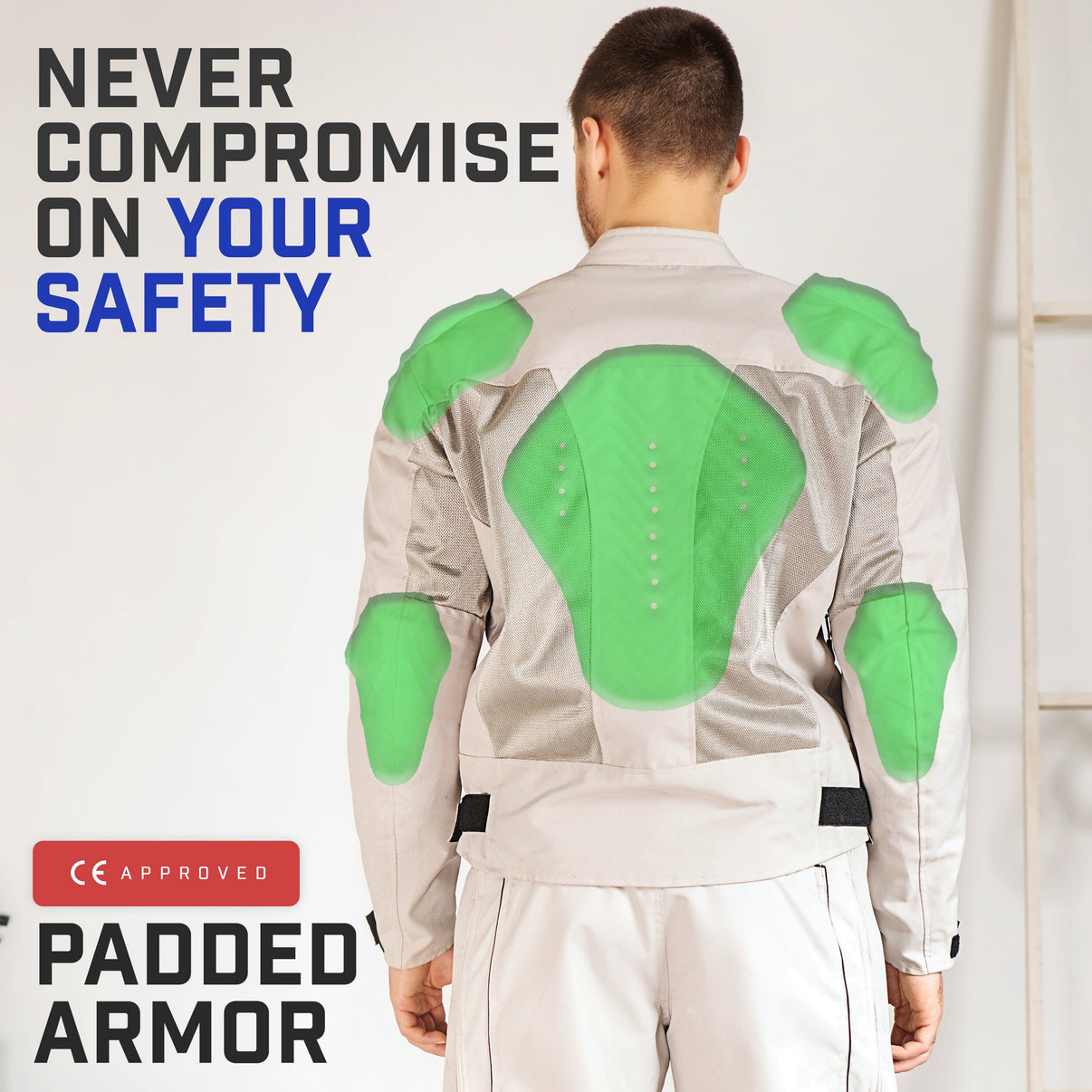 A silver mesh motorcycle jacket worn by a model, showing back CE armor and mesh panels