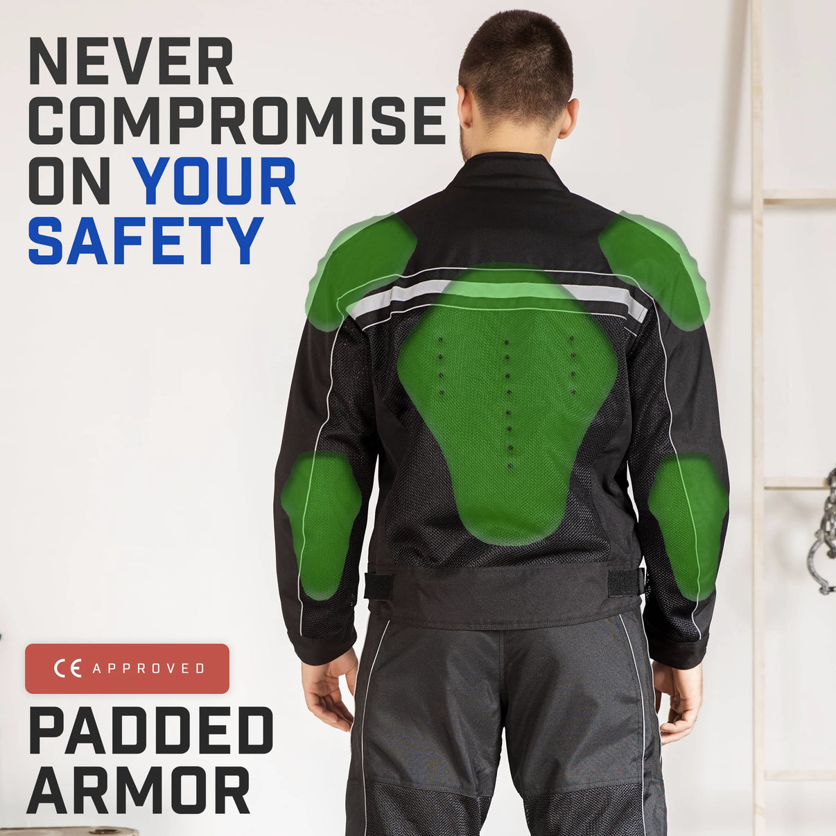 Back view of a black mesh motorcycle jacket with CE Level 1 armor and reflective striping