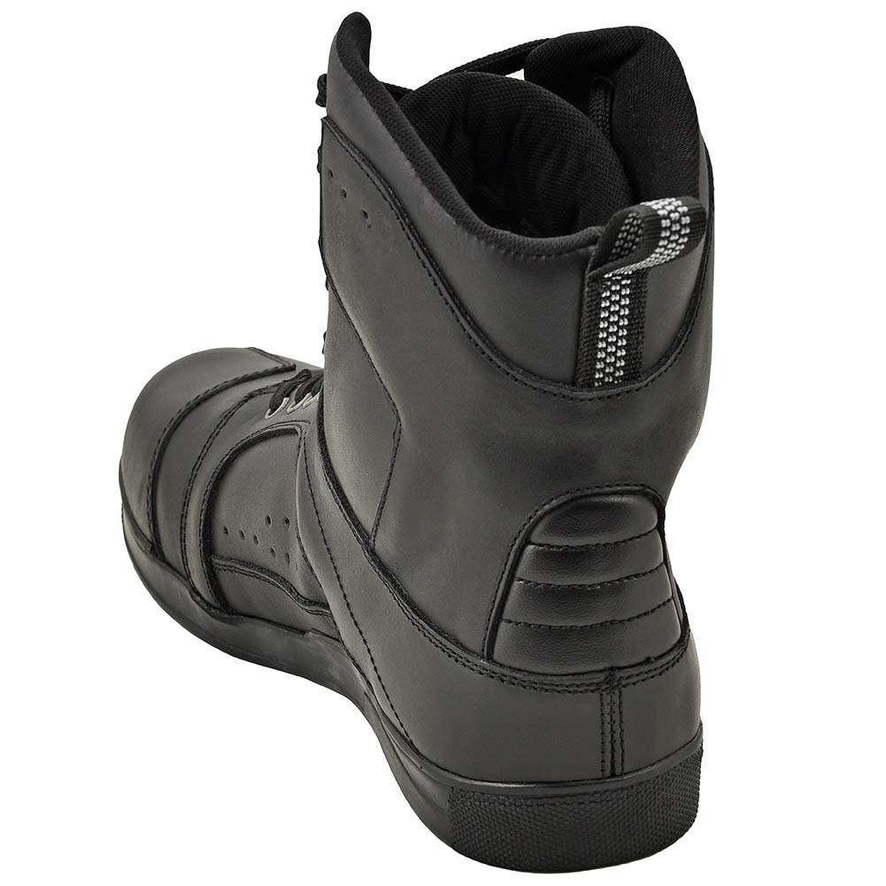 Three-quarter view of black leather motorcycle boots showing stitching and panels