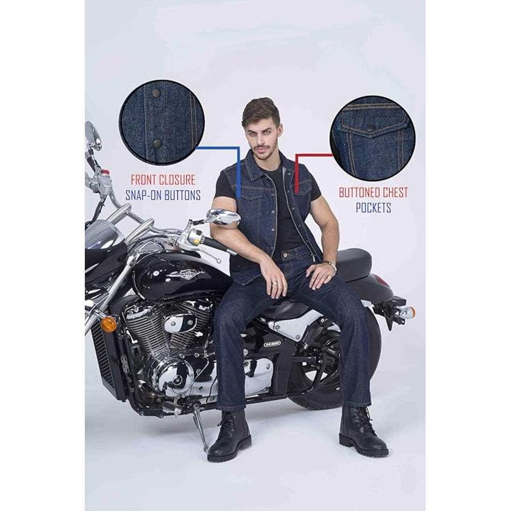 A model wears a true-blue denim motorcycle vest featuring chest pockets and snap buttons
