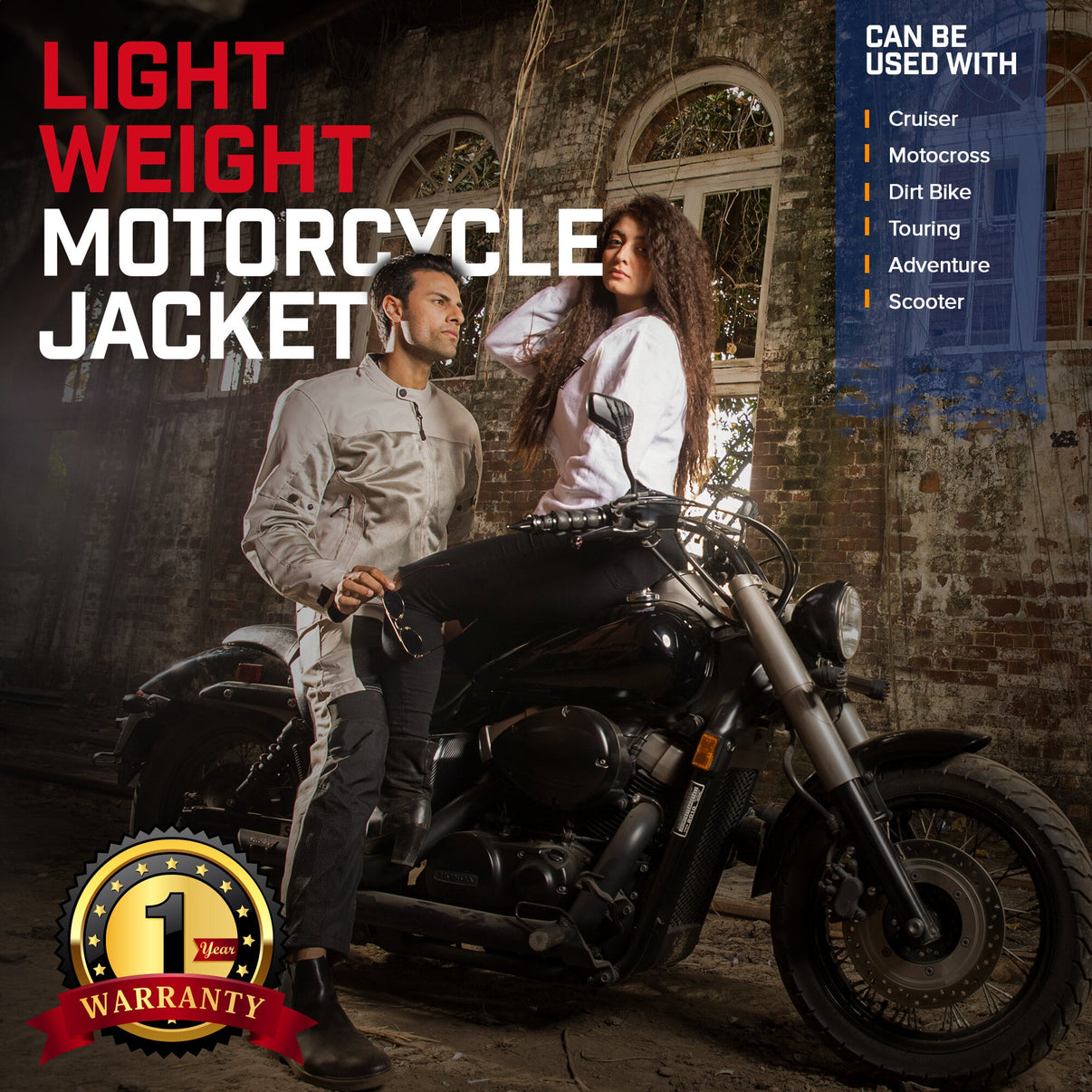 A male model wears a silver-gray mesh motorcycle jacket featuring front YKK zippers