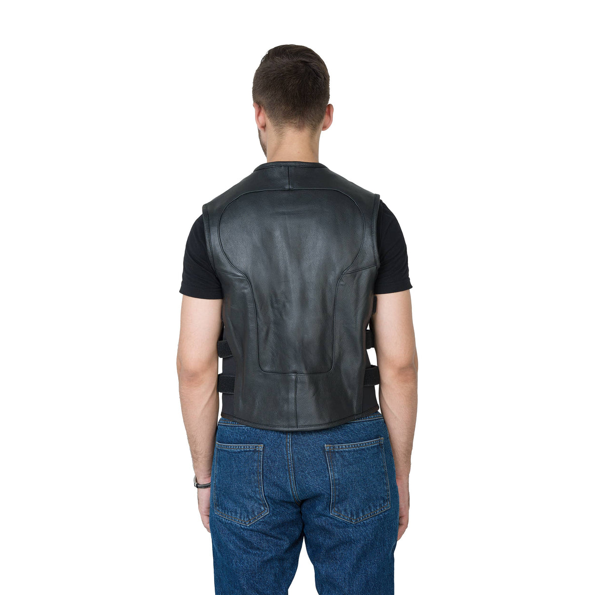 A male model wears a black cowhide leather motorcycle vest from the back