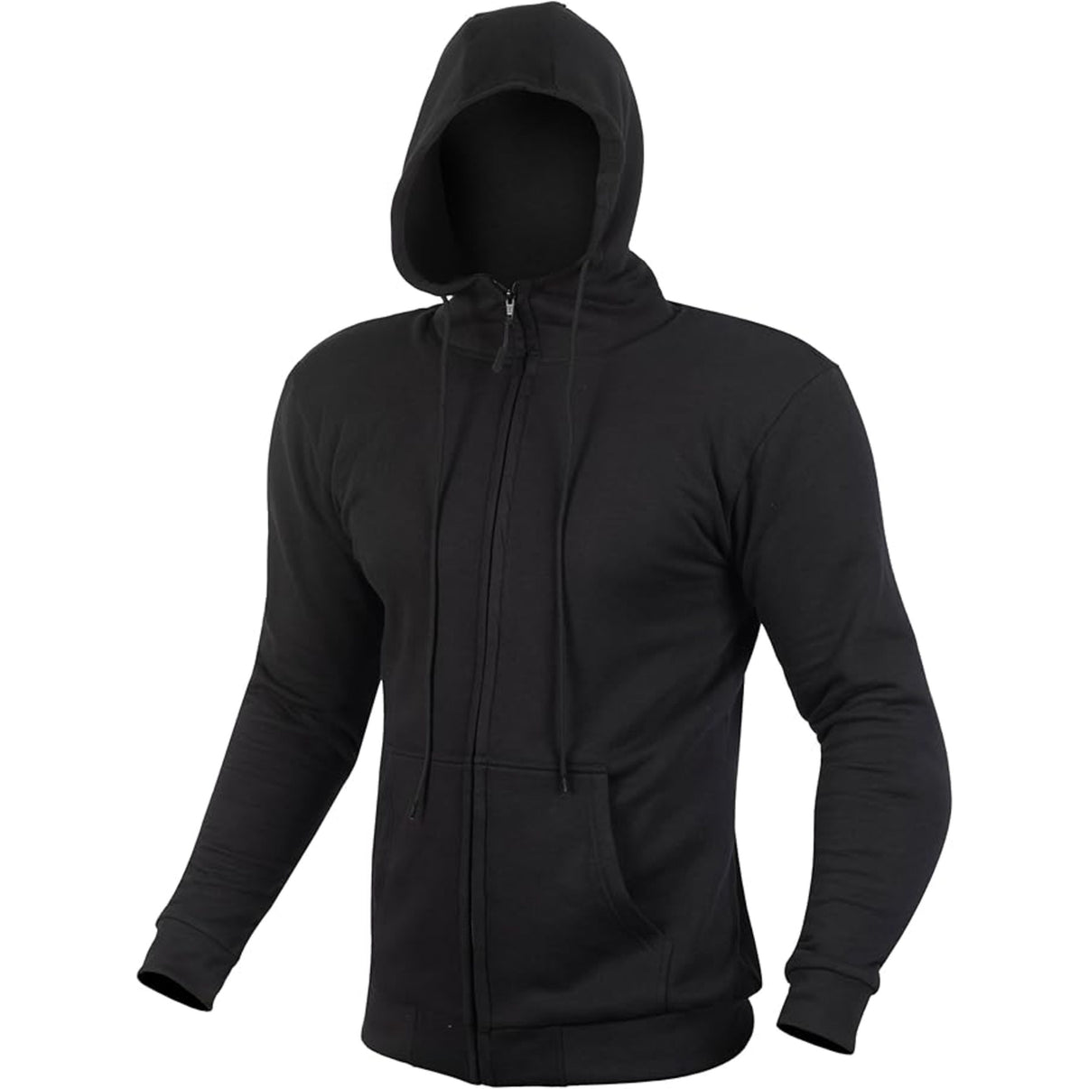 Front view of a black armored motorcycle hoodie featuring YKK zippers and removable CE Level 1 armor