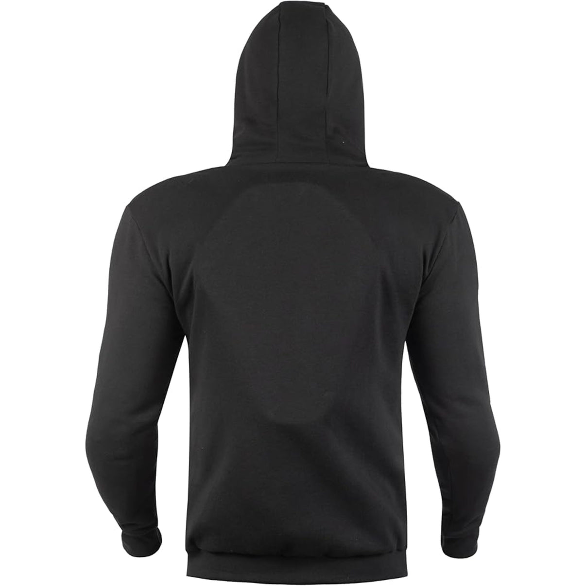 Back view of a black armored motorcycle hoodie with a back protector and cuffs