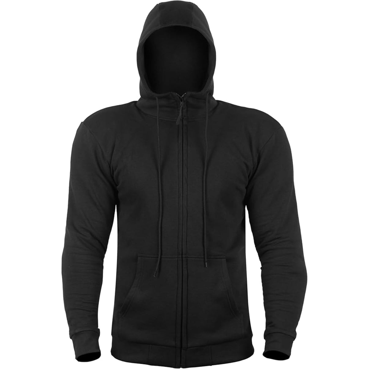 Front view of a black armored motorcycle hoodie featuring YKK zippers and a front pocket