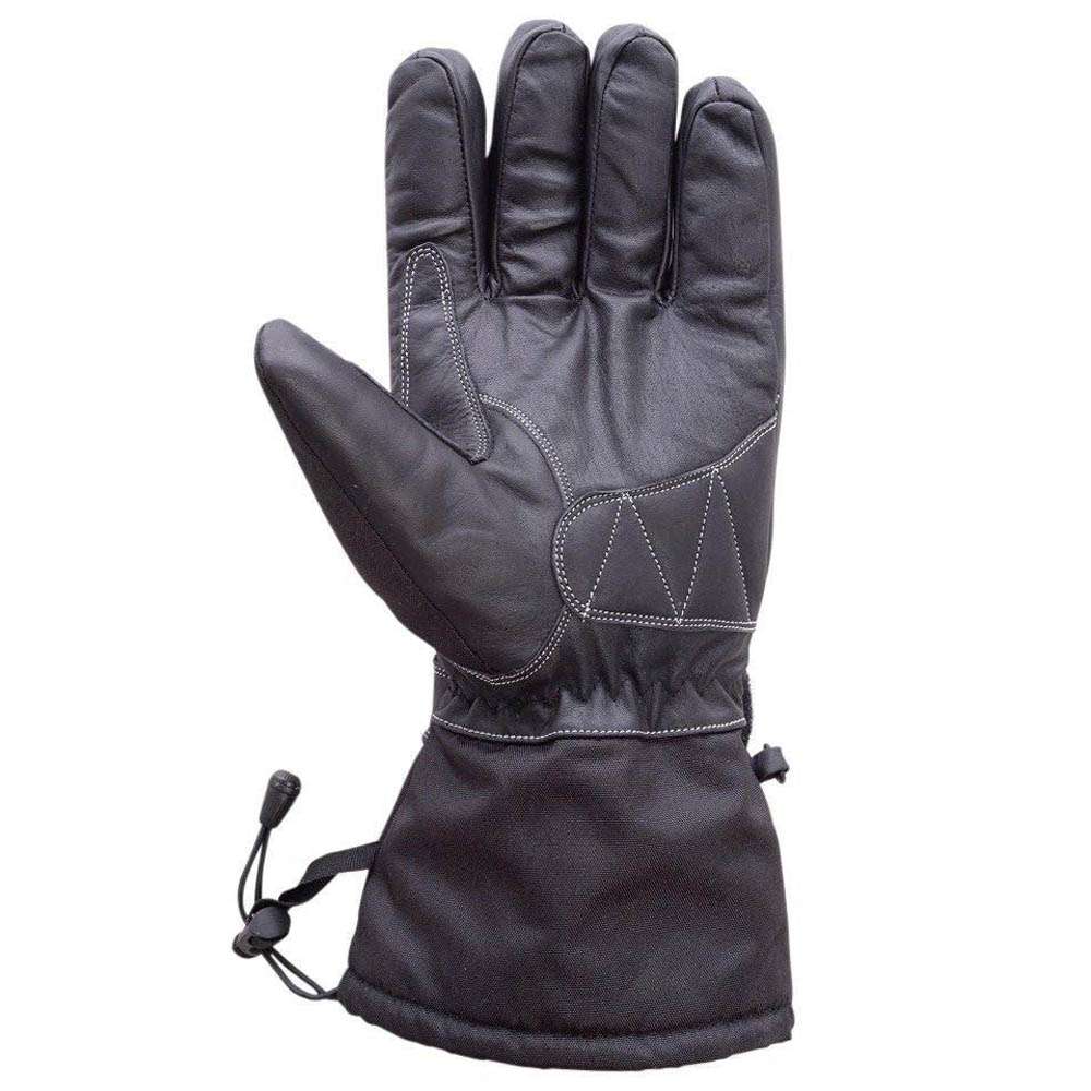Front view of black cowhide leather motorcycle gloves featuring long cuffs and drawstrings