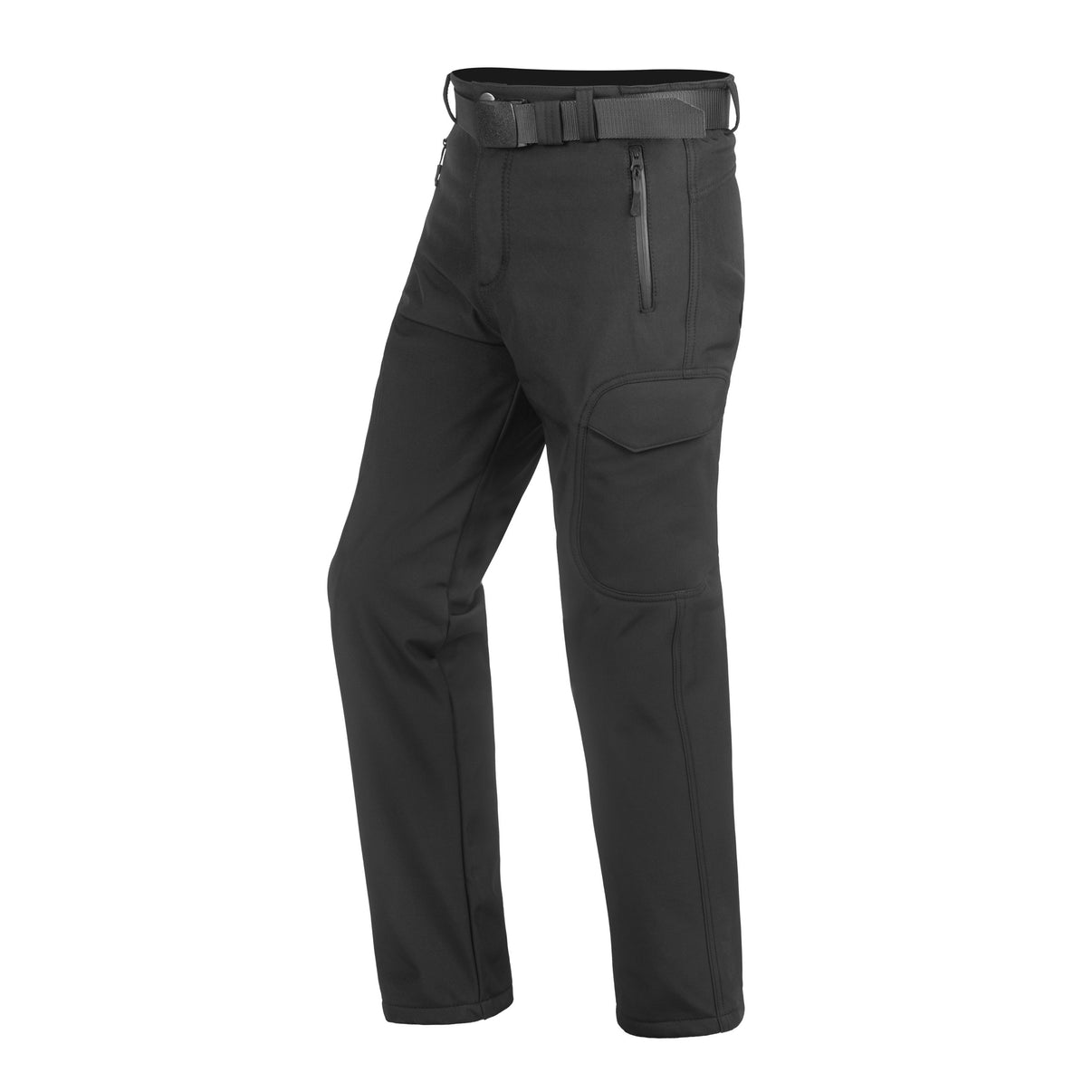Three-quarter front view of black hiking pants featuring a belt, side zips, and pockets