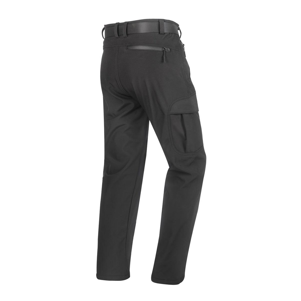 Three-quarter back view of black hiking pants featuring a waist belt and cargo pockets