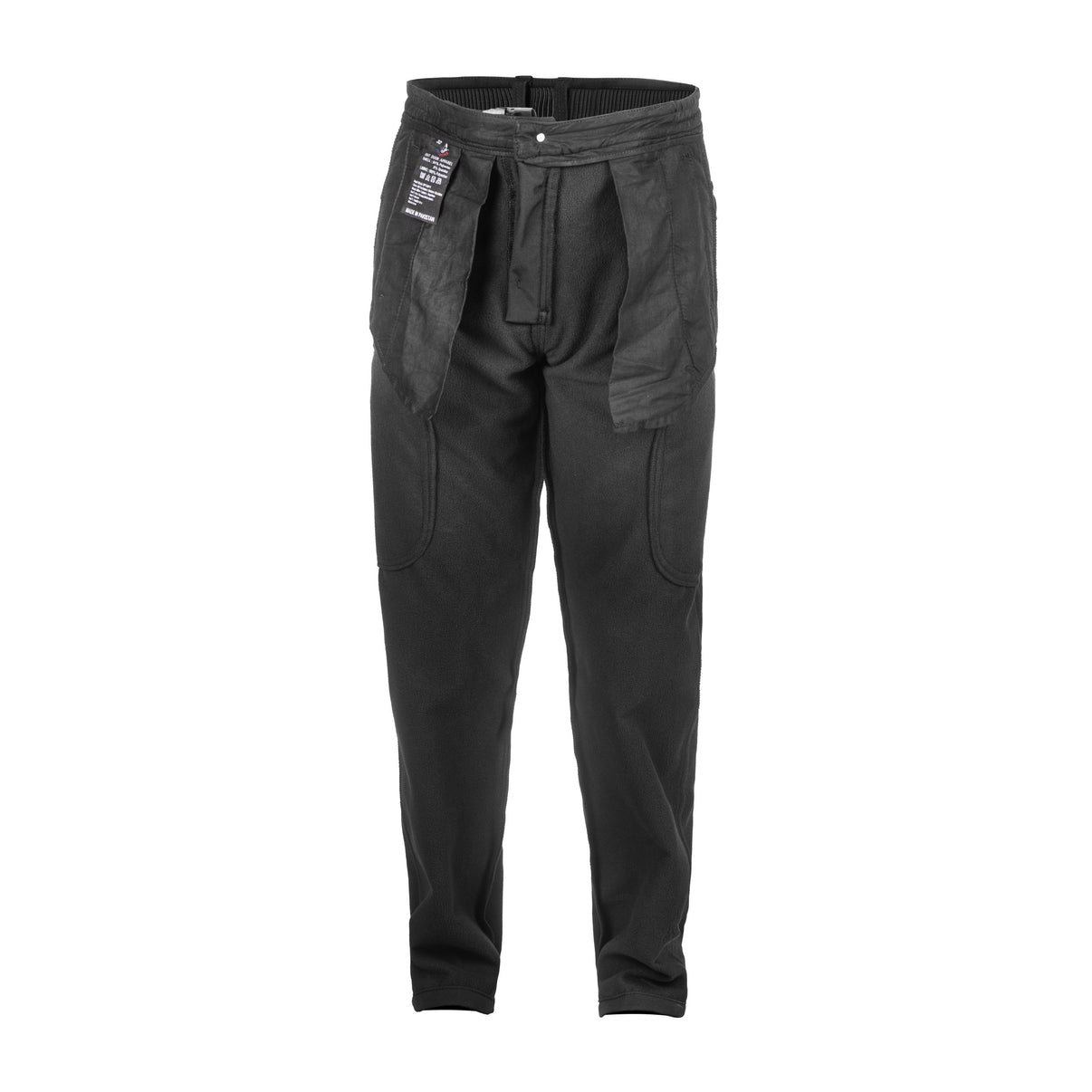 Front view of black hiking pants featuring pockets and a full side zip