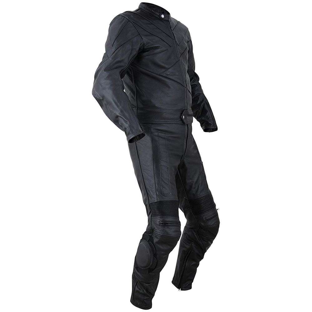 Three-quarter view of a black full-grain leather motorcycle race suit with stretch panels