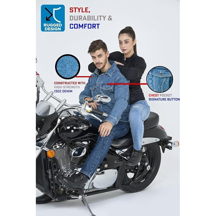 Front view of a blue denim motorcycle jacket worn by a model sitting on a motorcycle