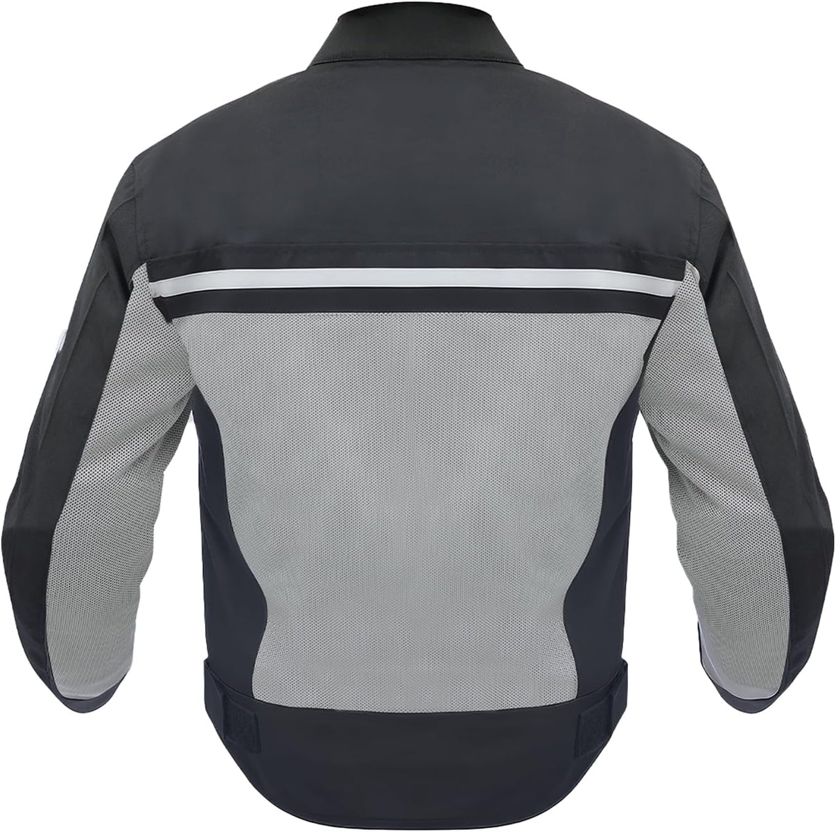 Back view of a black and grey mesh motorcycle jacket with CE Level 1 armor and reflective striping