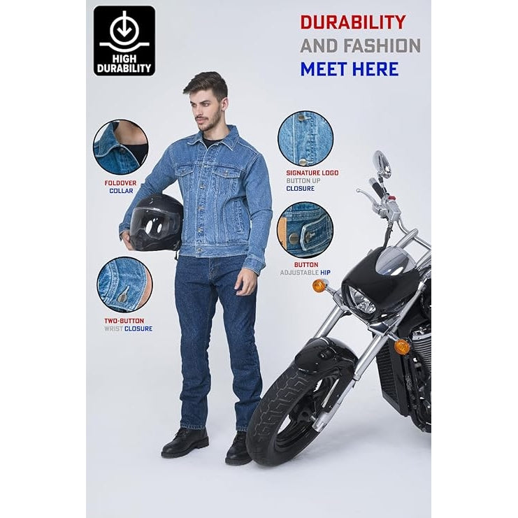 A model wears a blue denim motorcycle jacket featuring a foldover collar and button pockets