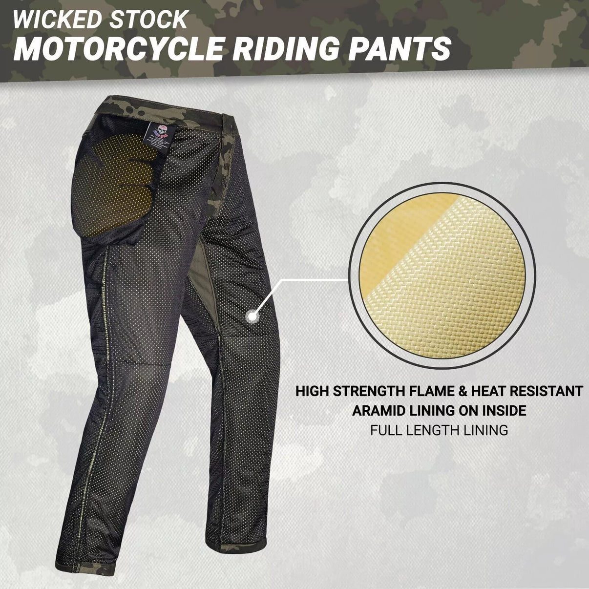 Front view of camo motorcycle riding pants with aramid lining, CE Level 2 armor, and YKK zippers