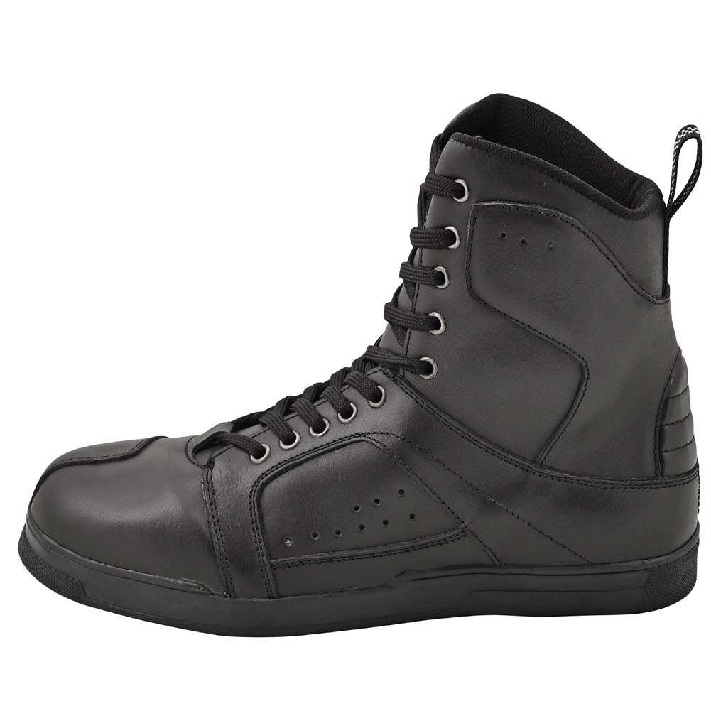 Side view of black leather motorcycle boots with laces and panels