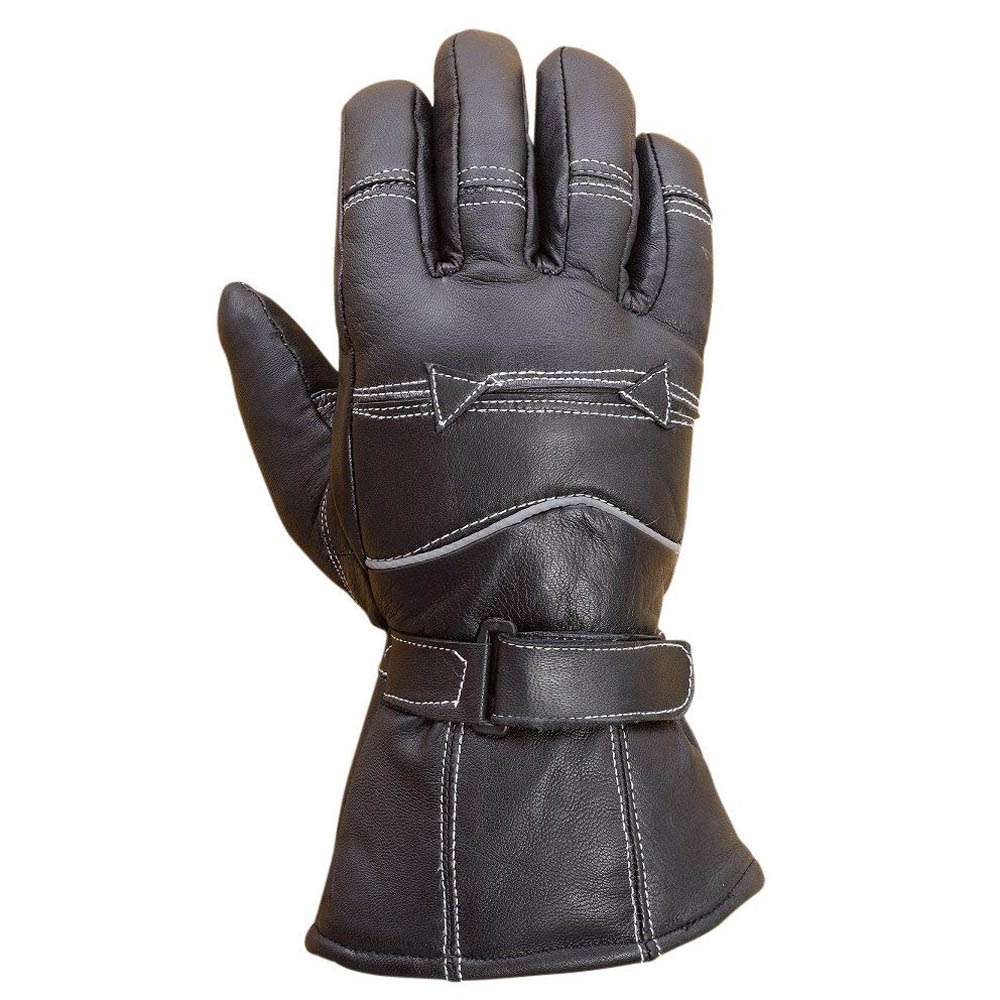 Front view of black leather motorcycle gloves featuring double stitching, reflective striping, and a cuff strap
