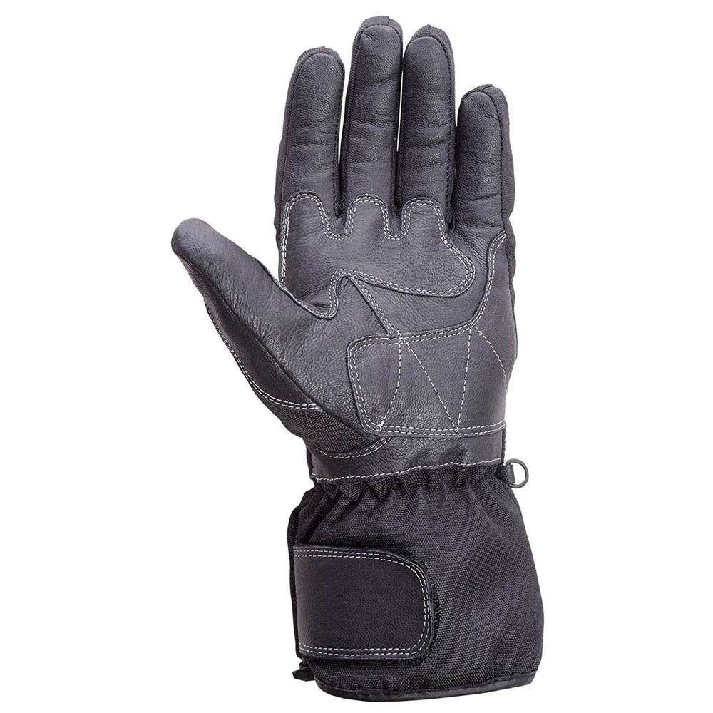 Front view of black cowhide leather motorcycle gloves featuring Cordura panels and a wrist strap