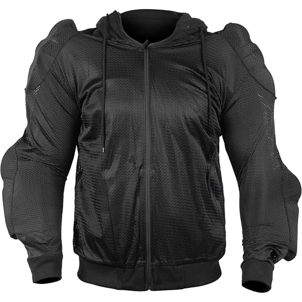 Front view of a black armored motorcycle hoodie with YKK zippers and removable CE Level 1 armor