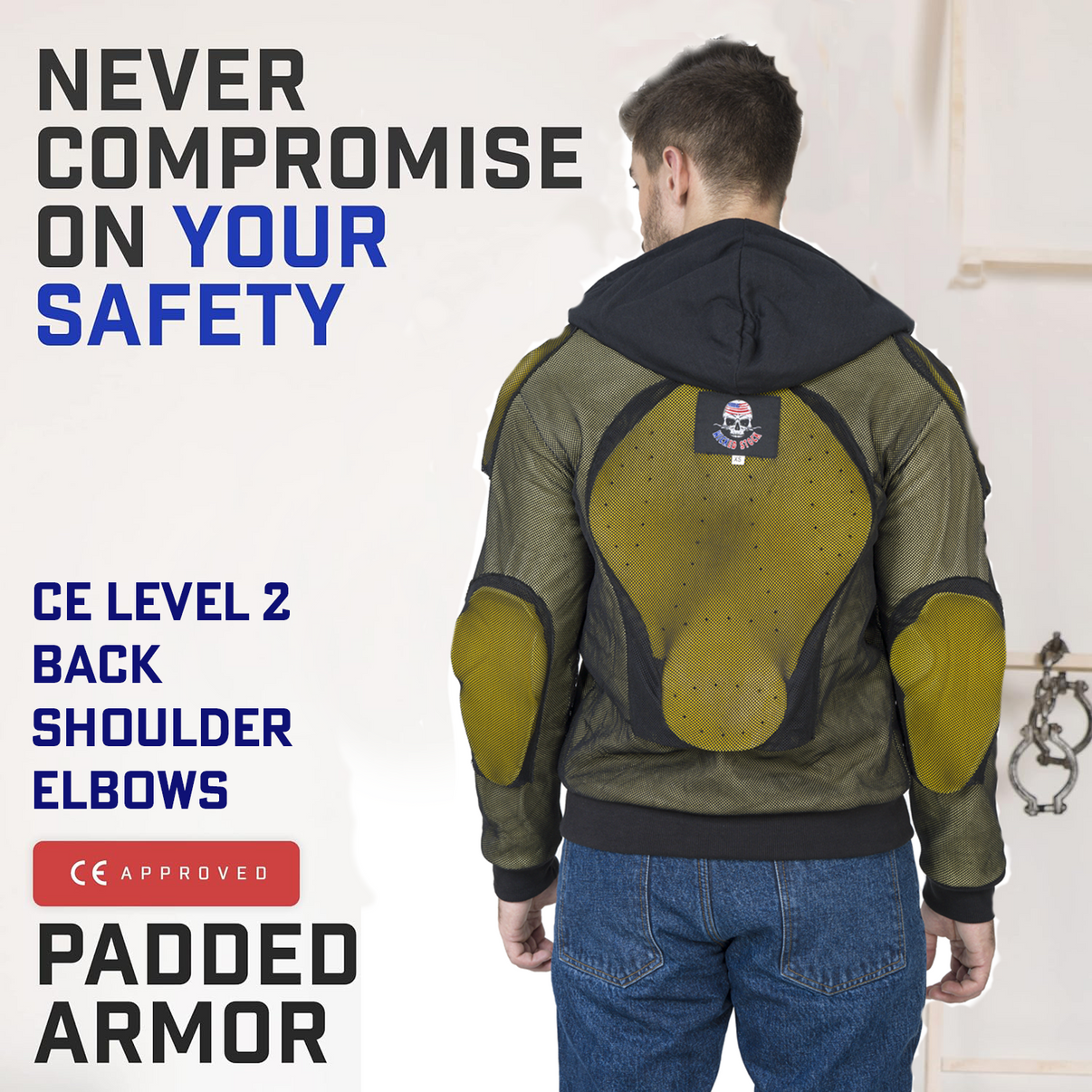 A rear view of a model wearing a black armored motorcycle hoodie featuring CE Level 2 armor
