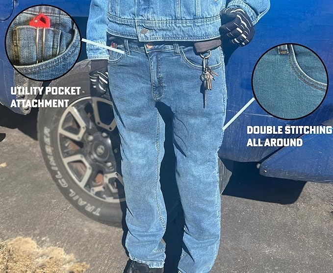 Front view of aramid lined blue denim motorcycle jeans with CE Level 2 armor