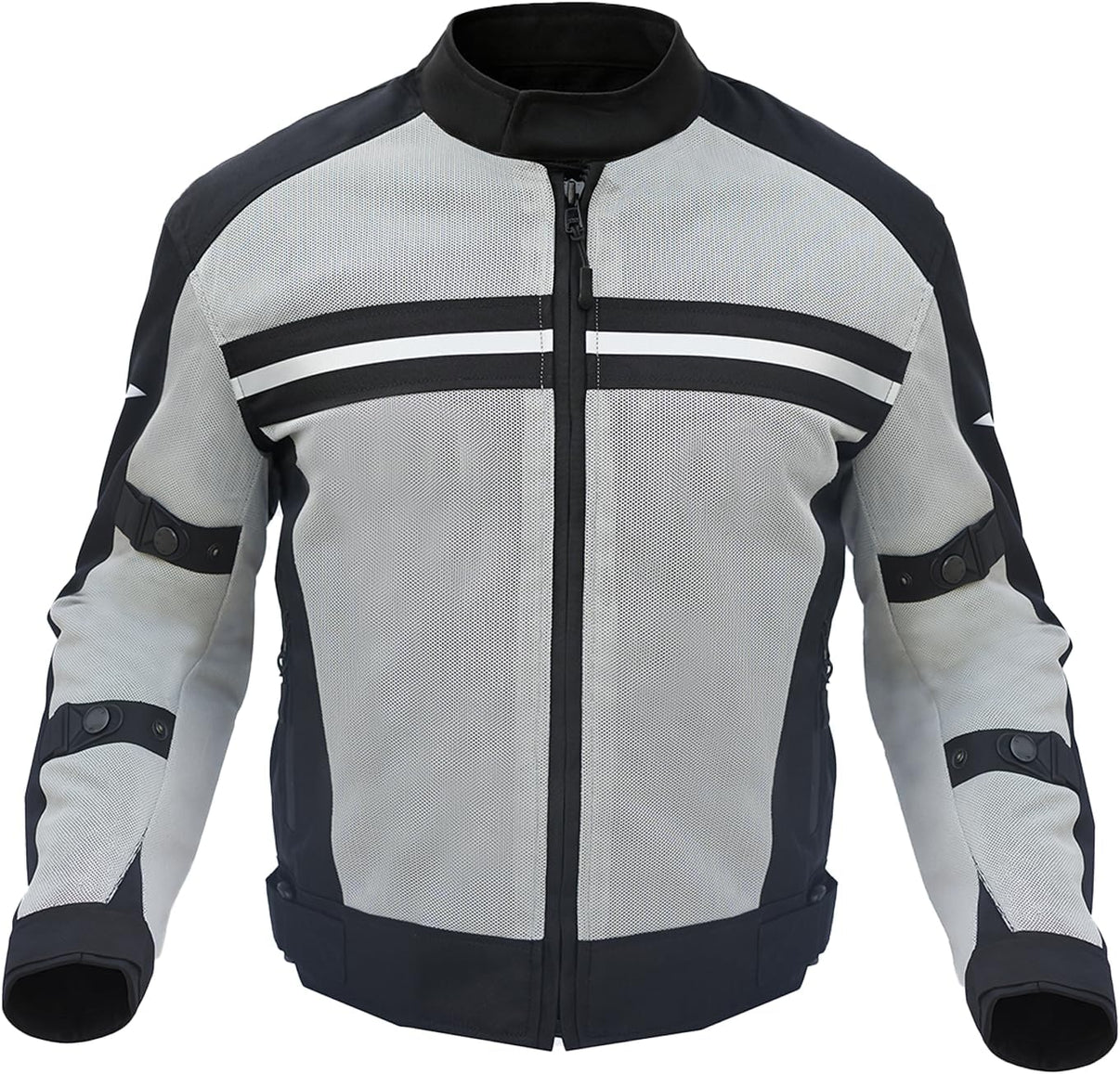 Front view of a Steel Gray mesh motorcycle jacket featuring a center zip and sleeve straps