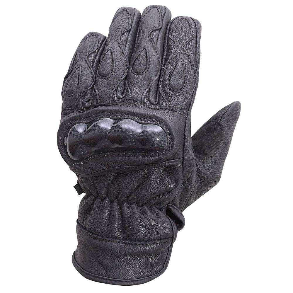 Black leather motorcycle gloves feature carbon knuckle protection and a pleated wrist cuff