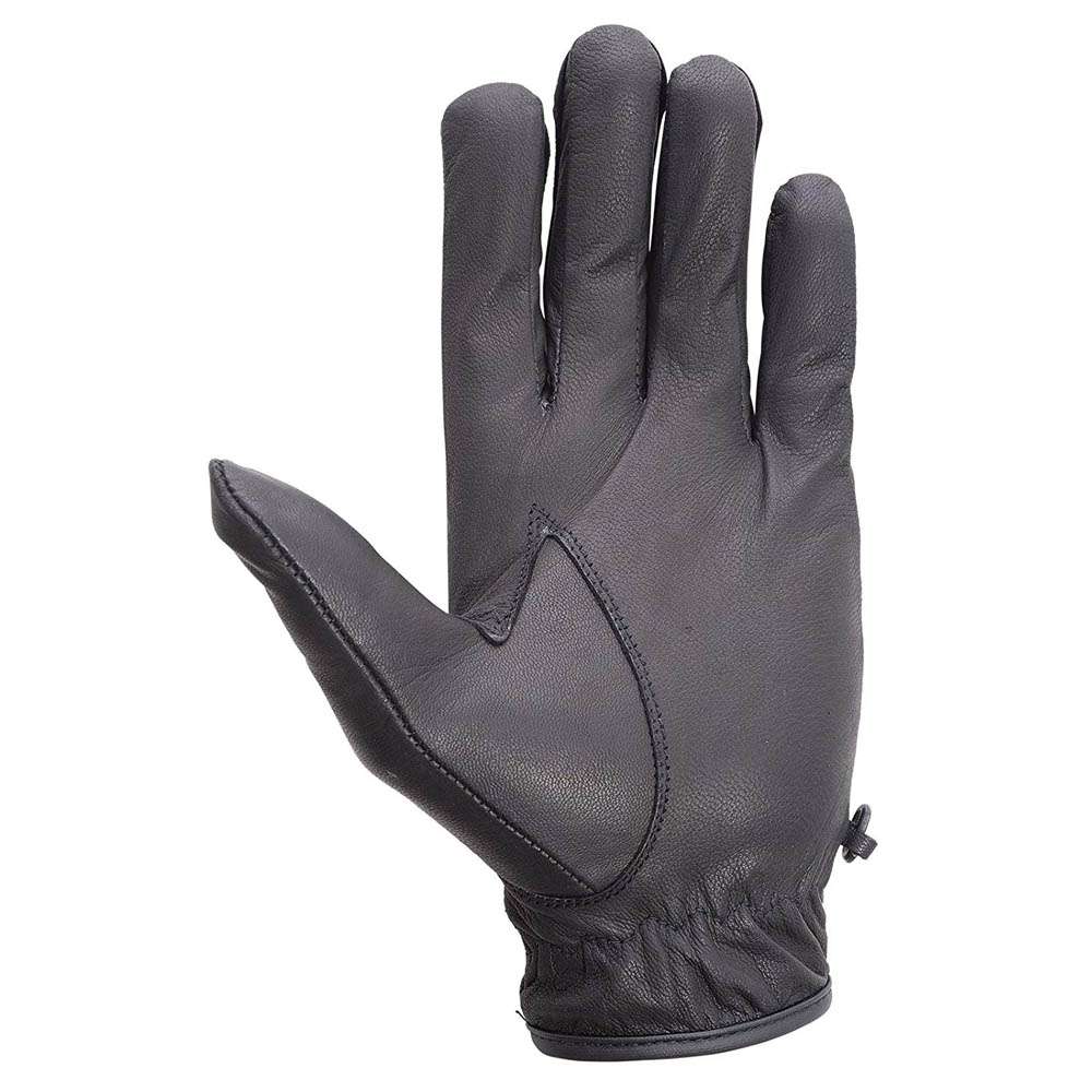 Front view of black drum-dyed cowhide leather driving gloves featuring stitched panels and a cuff