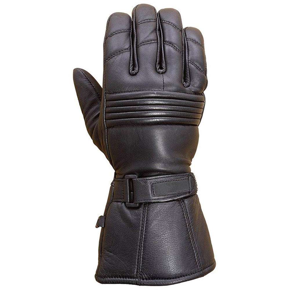 Front view of black leather motorcycle gloves featuring stretch panels and double stitching