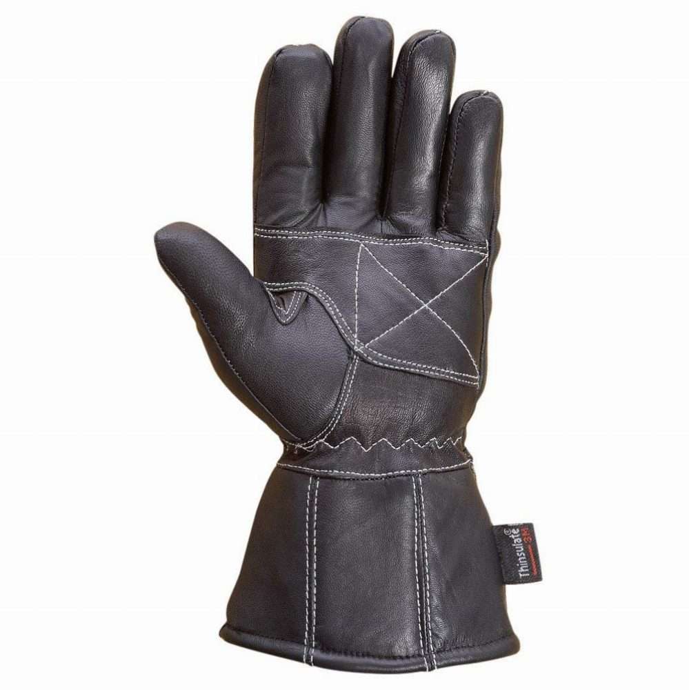 Front view of black top-grain leather motorcycle gloves featuring double stitching and a thermal lining