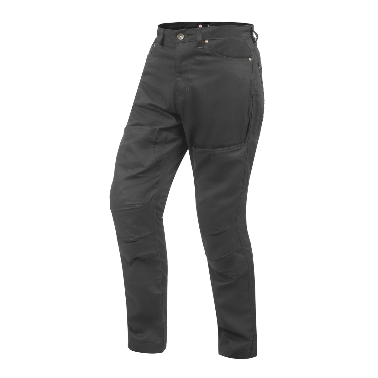 Three-quarter view of black motorcycle jeans with pockets and double stitching
