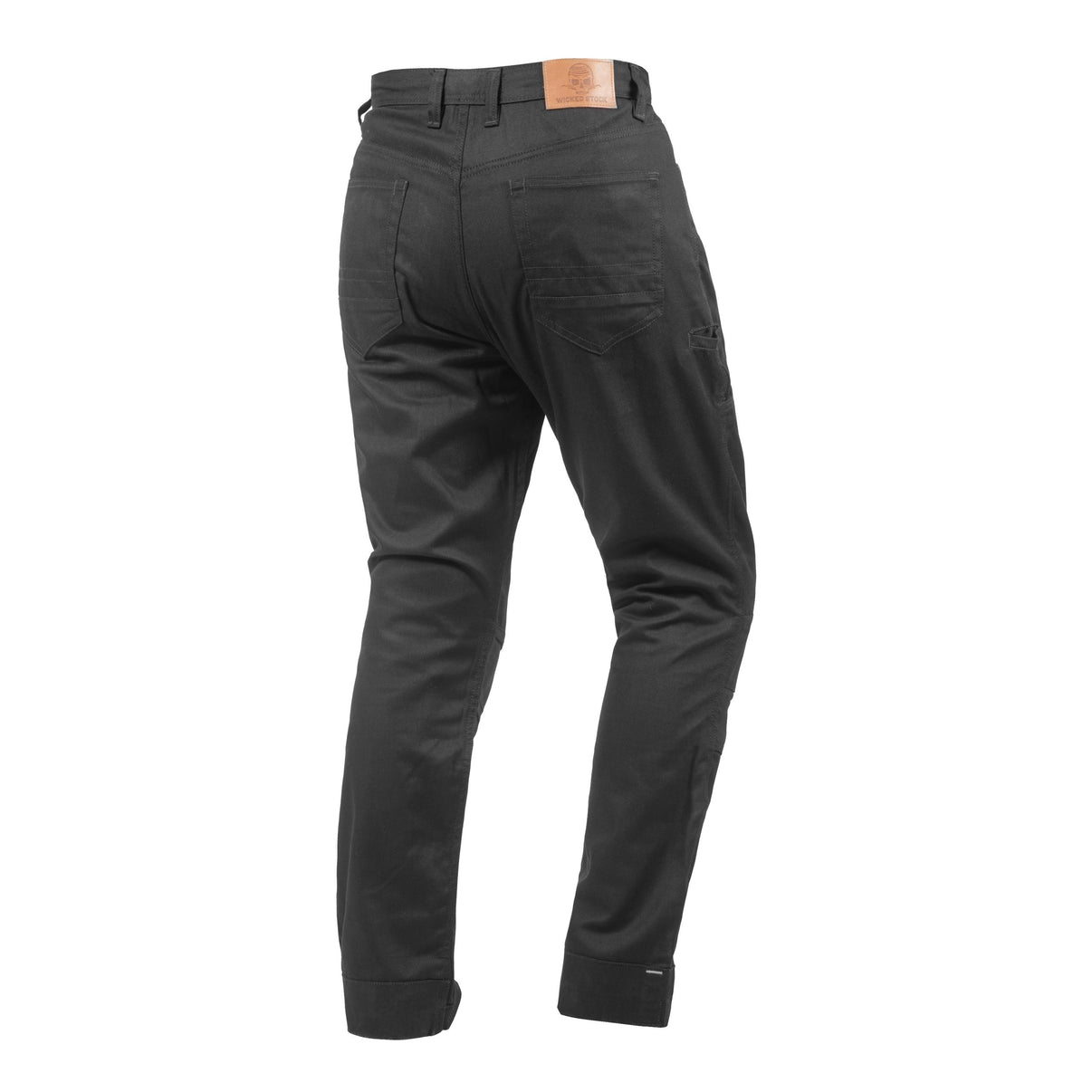 Back view of black motorcycle jeans worn by a model, showing rear pockets and belt loops